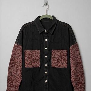 Black Denim Leopard Print Contrast Shacket - Medium